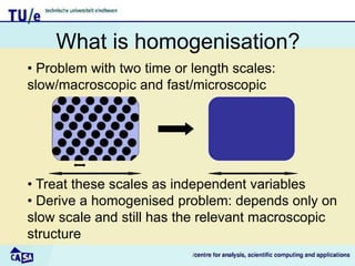 What is homogenisation?
• Problem with two time or length scales:
slow/macroscopic and fast/microscopic
• Treat these scales as independent variables
• Derive a homogenised problem: depends only on
slow scale and still has the relevant macroscopic
structure
 