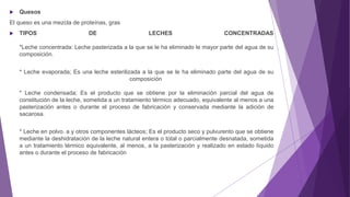  Quesos
El queso es una mezcla de proteínas, gras
 TIPOS DE LECHES CONCENTRADAS
*Leche concentrada: Leche pasterizada a la que se le ha eliminado le mayor parte del agua de su
composición.
* Leche evaporada; Es una leche esterilizada a la que se le ha eliminado parte del agua de su
composición
* Leche condensada; Es el producto que se obtiene por la eliminación parcial del agua de
constitución de la leche, sometida a un tratamiento térmico adecuado, equivalente al menos a una
pasterización antes o durante el proceso de fabricación y conservada mediante la adición de
sacarosa.
* Leche en polvo. a y otros componentes lácteos; Es el producto seco y pulvurento que se obtiene
mediante la deshidratación de la leche natural entera o total o parcialmente desnatada, sometida
a un tratamiento térmico equivalente, al menos, a la pasterización y realizado en estado líquido
antes o durante el proceso de fabricación
 