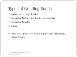 Types of Grinding Beads
www.wisbiomed.com 1-866-692-1249
info@wisbiomed.com
 Stainless steel: high density
 Zirconium Oxide: high density, inert surface
 Zirconium Silicate:
 Glass:
 Density: stainless steel>Zirconium Oxide>Zirconium
Silicate>Glass
 