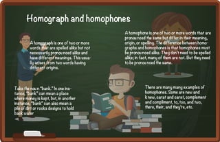 A homograph is one of two or more
words that are spelled alike but not
necessarily pronou nced alike and
have different meanings. This usua-
lly arises from two words having
different origins.
A homophone is one of two or more words that are
pronou nced the same but differ in their meaning,
origin, or spelling. The difference between homo-
graphs and homophones is that homophones must
be pronou nced alike. They don’t need to be spelled
alike; in fact, many of them are not. But they need
to be pronou nced the same.
Take the nou n “bank.” In one ins-
tance, “bank” can mean a place
where money is kept, but, in another
instance, “bank” can also mean a
pile of dirt or rocks designs to hold
back water
There are many many examples of
homophones. Some are new and
knew, carat and caret, complement
and compliment, to, too, and two,
there, their, and they’re, etc.
Homograph and homophones
 