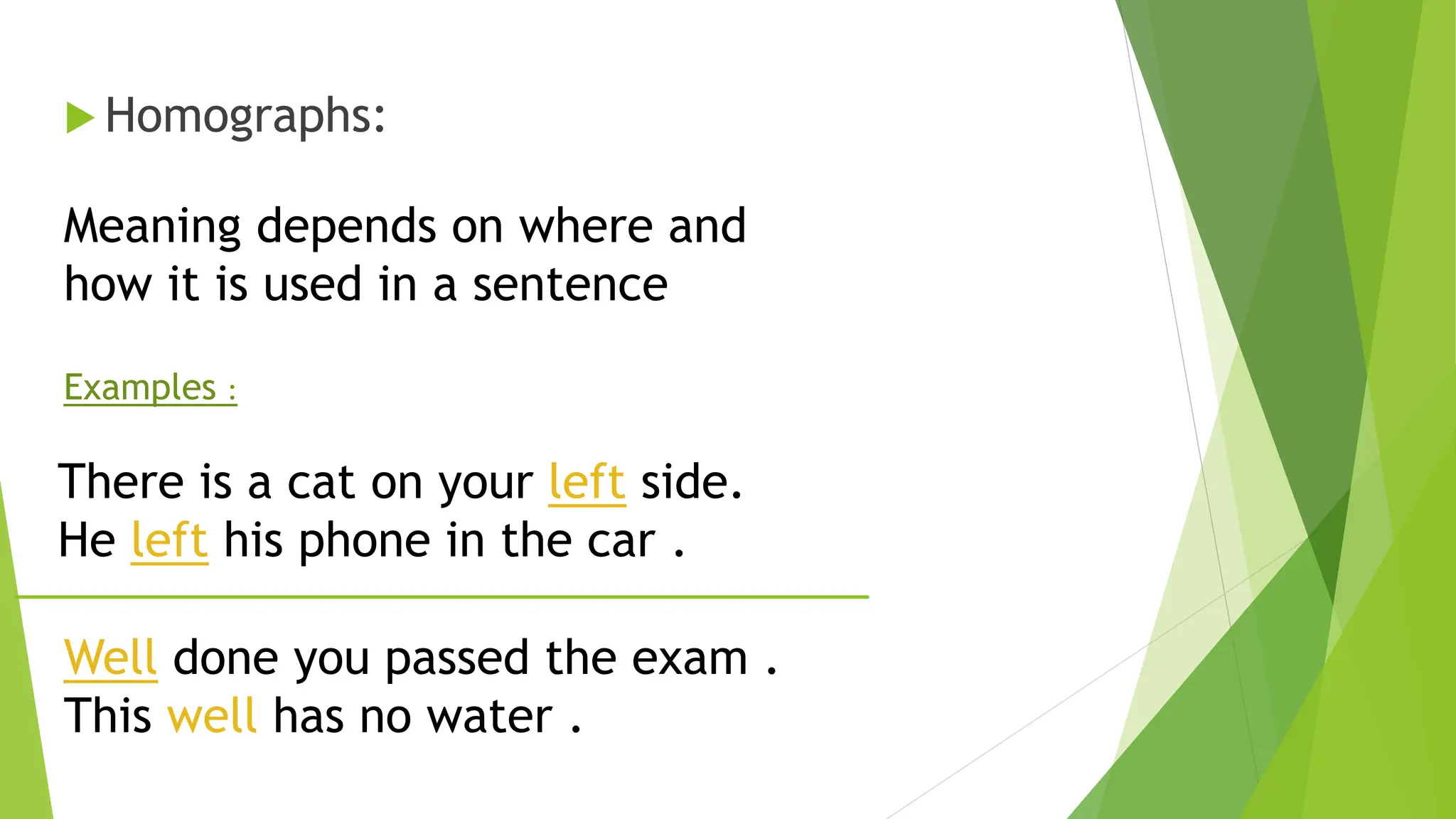  Homographs:
Meaning depends on where and
how it is used in a sentence
Examples :
There is a cat on your left side.
He left his phone in the car .
Well done you passed the exam .
This well has no water .
 