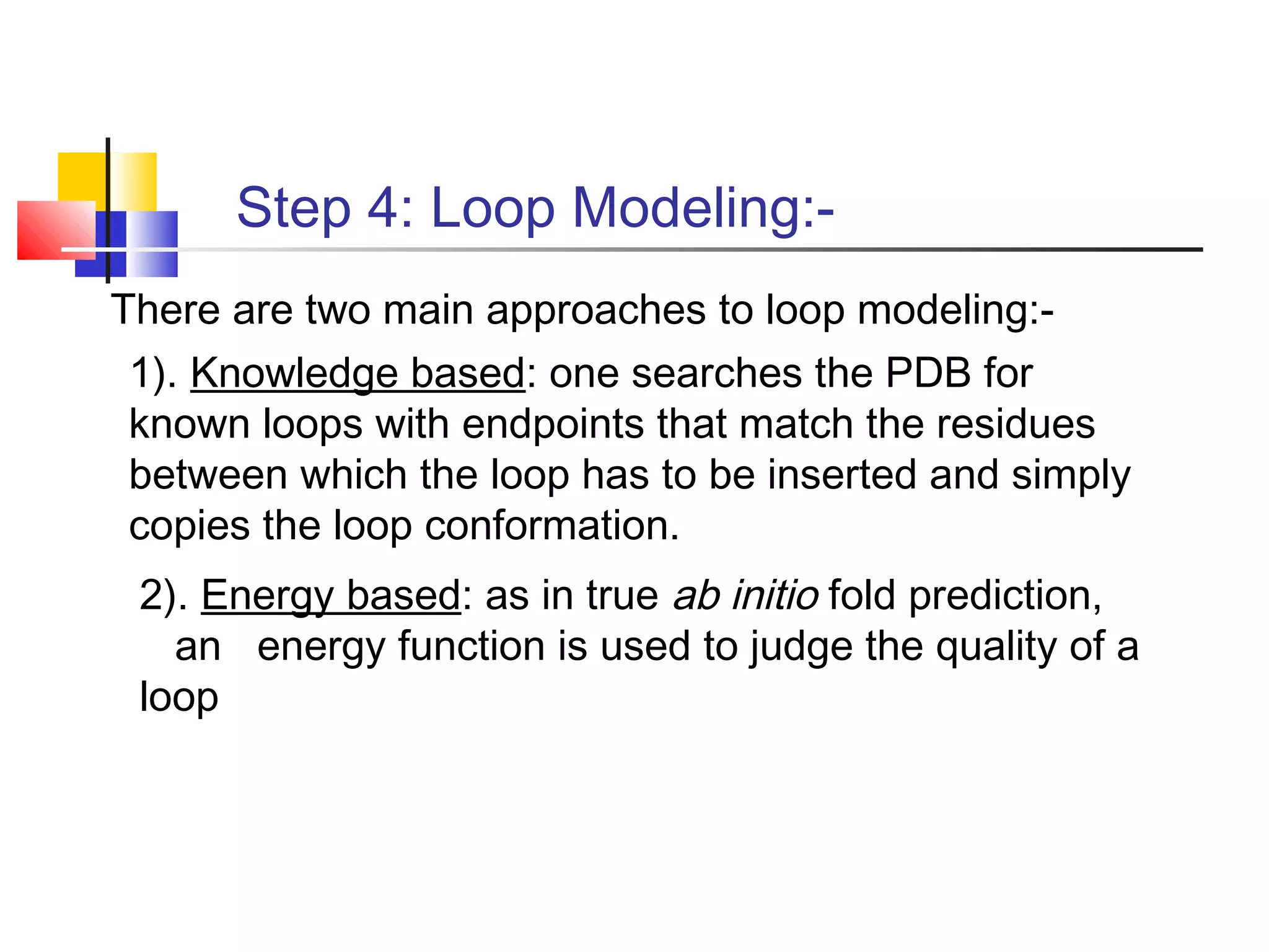 Step 4: Loop Modeling:-
There are two main approaches to loop modeling:-
1). Knowledge based: one searches the PDB for
known loops with endpoints that match the residues
between which the loop has to be inserted and simply
copies the loop conformation.
2). Energy based: as in true ab initio fold prediction,
an energy function is used to judge the quality of a
loop
 