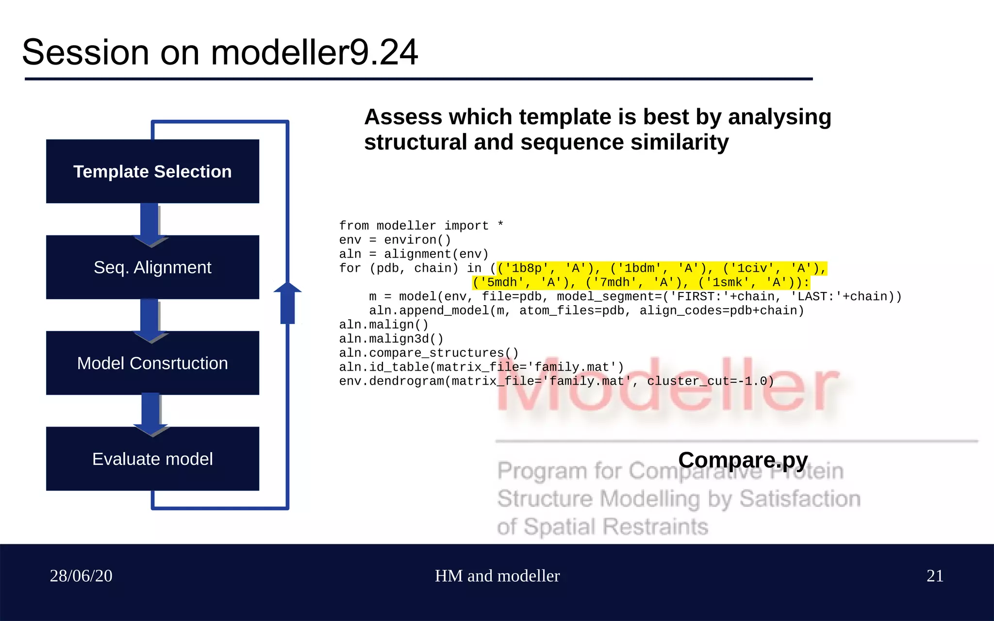 28/06/20 HM and modeller 21
Session on modeller9.24
Template Selection
Seq. Alignment
Model Consrtuction
Evaluate model
from modeller import *
env = environ()
aln = alignment(env)
for (pdb, chain) in (('1b8p', 'A'), ('1bdm', 'A'), ('1civ', 'A'),
('5mdh', 'A'), ('7mdh', 'A'), ('1smk', 'A')):
m = model(env, file=pdb, model_segment=('FIRST:'+chain, 'LAST:'+chain))
aln.append_model(m, atom_files=pdb, align_codes=pdb+chain)
aln.malign()
aln.malign3d()
aln.compare_structures()
aln.id_table(matrix_file='family.mat')
env.dendrogram(matrix_file='family.mat', cluster_cut=-1.0)
Assess which template is best by analysing
structural and sequence similarity
Compare.py
 