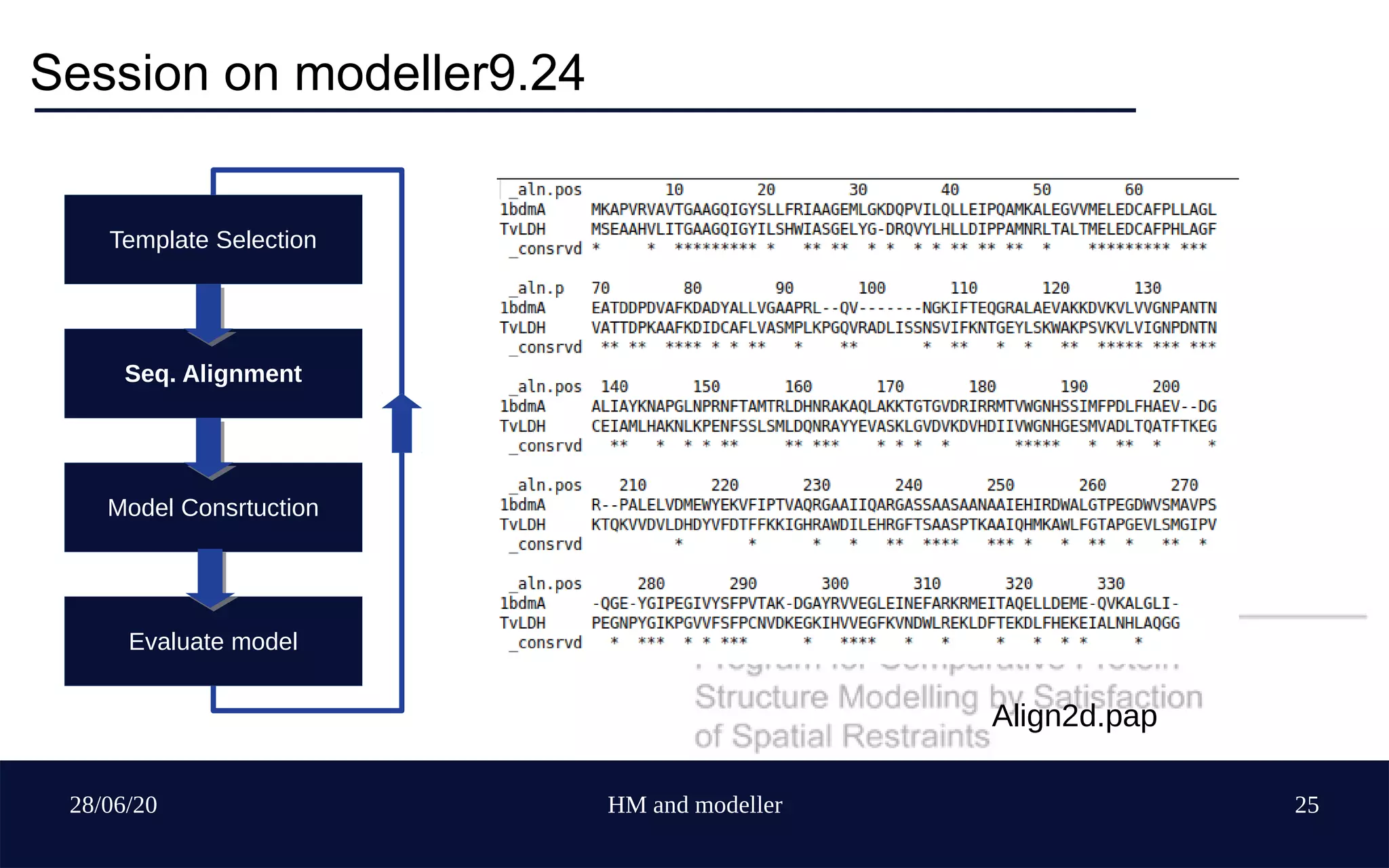 28/06/20 HM and modeller 25
Session on modeller9.24
Template Selection
Seq. Alignment
Model Consrtuction
Evaluate model
Align2d.pap
 