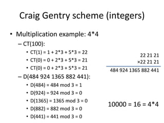 Craig Gentry scheme (integers)
• Multiplication example: 4*4
  – CT(100):
     • CT(1) = 1 + 2*3 + 5*3 = 22
                                                22 21 21
     • CT(0) = 0 + 2*3 + 5*3 = 21              ×22 21 21
     • CT(0) = 0 + 2*3 + 5*3 = 21   484 924 1365 882 441
  – D(484 924 1365 882 441):
     •   D(484) = 484 mod 3 = 1
     •   D(924) = 924 mod 3 = 0
     •   D(1365) = 1365 mod 3 = 0
                                    10000 = 16 = 4*4
     •   D(882) = 882 mod 3 = 0
     •   D(441) = 441 mod 3 = 0
 