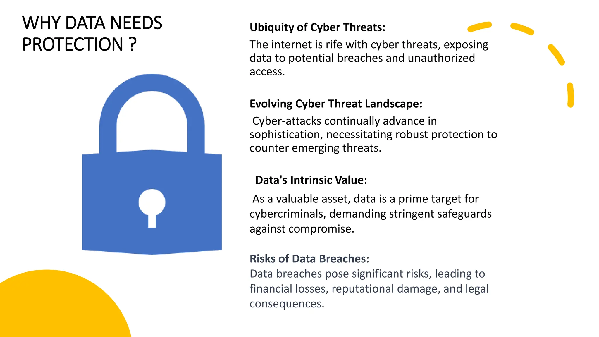WHY DATA NEEDS
PROTECTION ?
Ubiquity of Cyber Threats:
The internet is rife with cyber threats, exposing
data to potential breaches and unauthorized
access.
Evolving Cyber Threat Landscape:
Cyber-attacks continually advance in
sophistication, necessitating robust protection to
counter emerging threats.
Data's Intrinsic Value:
As a valuable asset, data is a prime target for
cybercriminals, demanding stringent safeguards
against compromise.
Risks of Data Breaches:
Data breaches pose significant risks, leading to
financial losses, reputational damage, and legal
consequences.
 