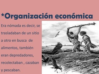 *Organización económicaEra nómada es decir, se trasladaban de un sitio a otro en busca  de alimentos, también eran depredadores, recolectaban , cazaban y pescaban.