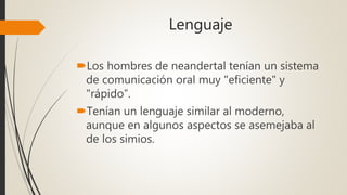 Lenguaje
Los hombres de neandertal tenían un sistema
de comunicación oral muy "eficiente" y
"rápido”.
Tenían un lenguaje similar al moderno,
aunque en algunos aspectos se asemejaba al
de los simios.
 