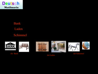 Deutsch
Matifmarin
12. Die .................. ist ein Geldinstitut oder ein Sitzmöbel.
13. Der ..................ist ein Verkaufsraum oder ein Fensterschutz.
14. Der ............................ ist ein weißes Pferd oder eine Pilzart.
Bank – Laden – Schimmel
Bank
Laden
Schimmel
Homonyme - Übung
El banco
La tienda / contraventana
El caballo blanco / moho
die Bank
der Laden
der Schimmel
 