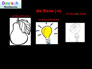Deutsch
Matifmarin
?
die Birne (-n)
die Birne (Frucht)
die Birne (Glühbirne)
die Birne fam. (Kopf)
Deutsche Homonyme
 