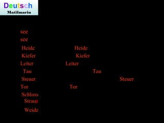 Deutsch
Matifmarin
Manche Wörter klingen gleich und werden gleich geschrieben, bedeuten aber etwas anderes. Manchmal haben sie ein anderes Geschlecht.
See –Tor – Weide – Tau – Strauß – Schloss – Steuer –Leiter – Kiefer – Heide
1. Der …….. ist ein kleineres oder größeres stehendes Gewässer mit Süßwasser.
2. Die ........... ist ein Weltmeer wie der Atlantik oder die Südsee.
3. Der .......................... ist ein Nichtchrist, die .................... ist eine Landschaft.
4. Der .........................ist ein Gesichtsteil, die ........................ ist ein Nadelbaum.
5. Der ...................... ist der Chef, die ......................... ist eine tragbare Treppe.
6. Der ........................ ist ein feuchter Niederschlag, das .................... ist ein Seil.
7. Die ........................ ist das Geld, das man dem Staat bezahlen muss, das ...................... ist das
Lenkrad.
8. Der .................. ist ein Dummkopf, das .................. ist eine große Tür.
9. Das ................................ ist ein altes Gebäude oder ein Türschutz.
10. Der .............................. ist ein großer Vogel oder ein Bund Blumen.
11. Die ............................. ist ein Baum oder eine Wiese für das Vieh.
Homonyme - Übung
see
see
Heide Heide
Kiefer Kiefer
Leiter Leiter
Tau Tau
Steuer Steuer
Tor Tor
Schloss
Strauβ
Weide
 