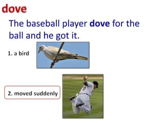 The baseball player dove for the
ball and he got it.
 