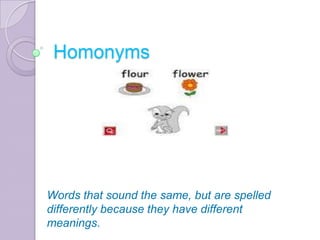 Homonyms Words that sound the same, but are spelled differently because they have different meanings.  