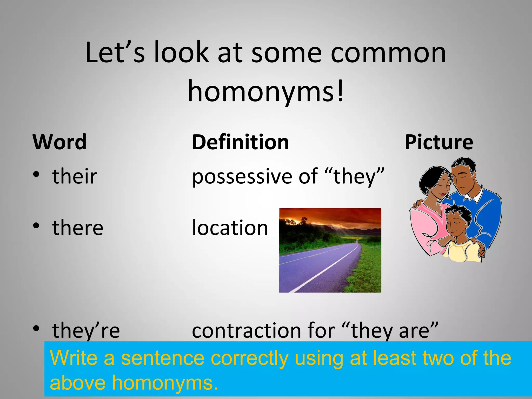Let’s look at some common
              homonyms!
Word            Definition           Picture
• their         possessive of “they”

• there         location



• they’re       contraction for “they are”
 Write a sentence correctly using at least two of the
 above homonyms.
 