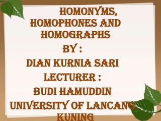 Homonyms,
Homophones and
Homographs
By :
Dian Kurnia Sari
Lecturer :
Budi Hamuddin
University of Lancang
Kuning

 