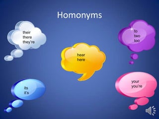 Homonyms
their                 to
there                 two
they’re               too


             hear
             here




                     your
its                  you’re
it’s
 