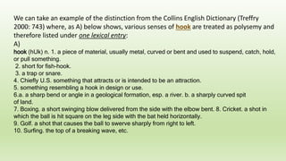 We can take an example of the distinction from the Collins English Dictionary (Treffry
2000: 743) where, as A) below shows, various senses of hook are treated as polysemy and
therefore listed under one lexical entry:
A)
hook (hUk) n. 1. a piece of material, usually metal, curved or bent and used to suspend, catch, hold,
or pull something.
2. short for fish-hook.
3. a trap or snare.
4. Chiefly U.S. something that attracts or is intended to be an attraction.
5. something resembling a hook in design or use.
6.a. a sharp bend or angle in a geological formation, esp. a river. b. a sharply curved spit
of land.
7. Boxing. a short swinging blow delivered from the side with the elbow bent. 8. Cricket. a shot in
which the ball is hit square on the leg side with the bat held horizontally.
9. Golf. a shot that causes the ball to swerve sharply from right to left.
10. Surfing. the top of a breaking wave, etc.
 