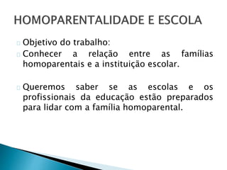 Objetivo do trabalho:
Conhecer a relação entre as famílias
homoparentais e a instituição escolar.
Queremos saber se as escolas e os
profissionais da educação estão preparados
para lidar com a família homoparental.
 