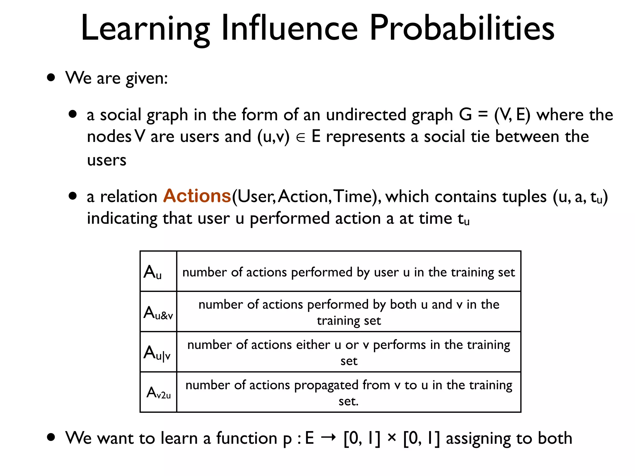 Learning Inﬂuence Probabilities
• We are given:
• a social graph in the form of an undirected graph G = (V, E) where the
nodesV are users and (u,v) ∈ E represents a social tie between the
users
• a relation Actions(User,Action,Time), which contains tuples (u, a, tu)
indicating that user u performed action a at time tu
• We want to learn a function p : E → [0, 1] × [0, 1] assigning to both
Au number of actions performed by user u in the training set
Au&v
number of actions performed by both u and v in the
training set
Au|v
number of actions either u or v performs in the training
set
Av2u
number of actions propagated from v to u in the training
set.
 