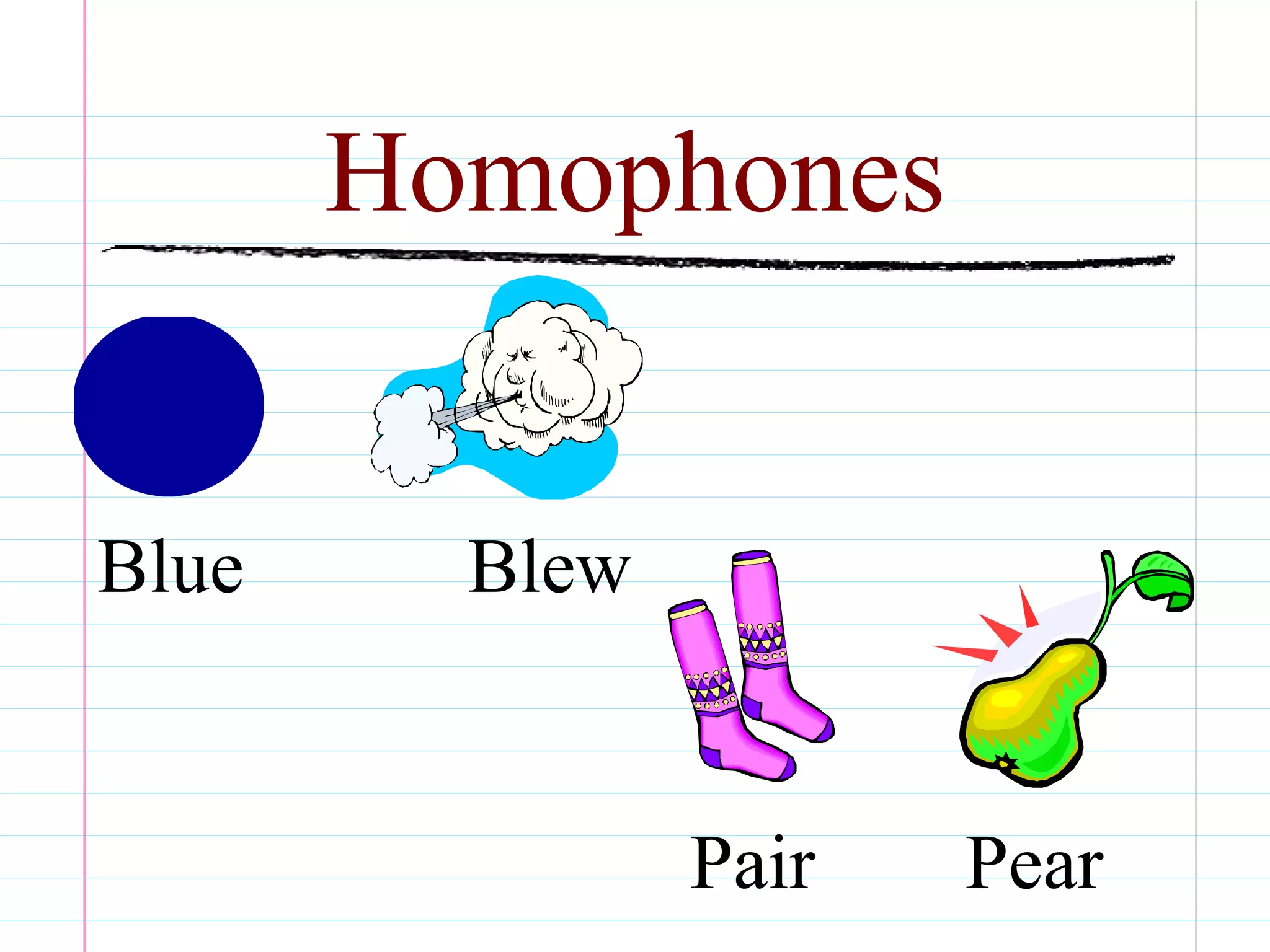 Homophones
Blue Blew
Pair Pear