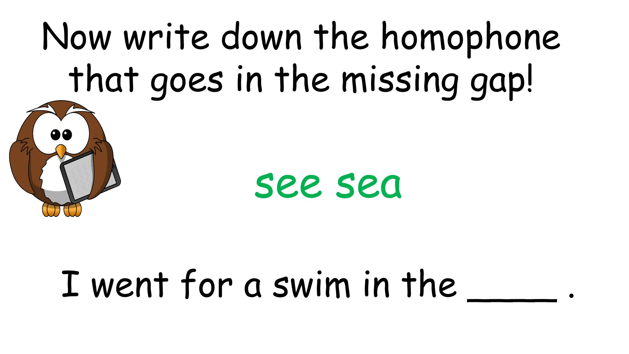 see sea
I went for a swim in the ____ .
Now write down the homophone
that goes in the missing gap!
 