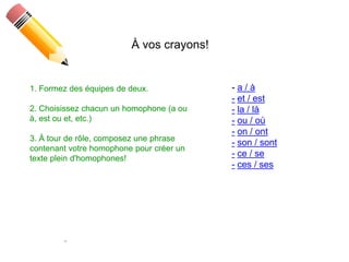 À vos crayons!


1. Formez des équipes de deux.            -a/à
                                          - et / est
2. Choisissez chacun un homophone (a ou   - la / là
à, est ou et, etc.)                       - ou / où
                                          - on / ont
3. À tour de rôle, composez une phrase
                                          - son / sont
contenant votre homophone pour créer un
texte plein d'homophones!
                                          - ce / se
                                          - ces / ses
 