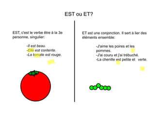 EST ou ET?


EST, c'est le verbe être à la 3e         ET est une conjonction. Il sert à lier des
personne, singulier:                     éléments ensemble:

        -Il est beau.                             -J'aime les poires et les
        -Elle est contente.                       pommes.
        -La tomate est rouge.                     -J'ai couru et j'ai trébuché.
                                                  -La chenille est petite et verte.
 