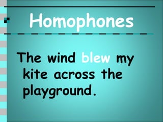 Homophones
The wind blew my
 kite across the
 playground.
 