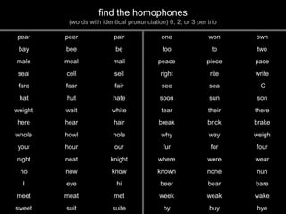 find the homophones
          (words with identical pronunciation) 0, 2, or 3 per trio

pear     peer             pair               one              won     own
 bay     bee               be                too                to     two
male     meal             mail             peace              piece   pace
 seal    cell              sell             right              rite   write
 fare    fear              fair              see               sea      C
 hat     hut              hate              soon               sun    son
weight   wait             white             tear              their   there
here     hear             hair              break             brick   brake
whole    howl             hole              why                way    weigh
 your    hour              our               fur               for    four
night    neat            knight            where              were    wear
 no      now              know             known              none    nun
  I      eye                hi              beer              bear    bare
meet     meat             met               week              weak    wake
sweet    suit             suite              by                buy    bye
 