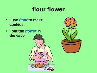 flour flower
• I use flour to make
cookies.
• I put the flower in
the vase.
 