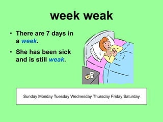 week weak
• There are 7 days in
a week.
• She has been sick
and is still weak.
Sunday Monday Tuesday Wednesday Thursday Friday Saturday
 