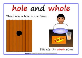 © Copyright 2009, SparkleBox Teacher Resources (www.sparklebox.co.uk)
There was a hole in the fence.
Ellis ate the whole pizza.
 