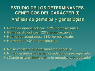 ESTUDIO DE LOS DETERMINANTES GENÉTICOS DEL CARÁCTER (I) Análisis de gemelos y genealogías Gemelos monocigóticos: 52% homosexuales Gemelos dicigóticos: 22% homosexuales Hermanos adoptados: 11% homosexuales Hermanos: 9,2% homosexuales No se constata el determinismo genético. No hay estudios de gemelos educados por separado. ¿Dónde está el límite entre lo genético y lo educado? 