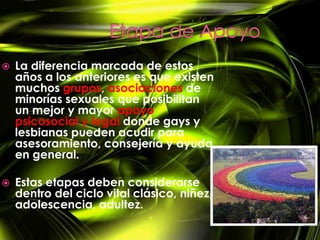    La diferencia marcada de estos
    años a los anteriores es que existen
    muchos grupos, asociaciones de
    minorías sexuales que posibilitan
    un mejor y mayor apoyo
    psicosocial y legal donde gays y
    lesbianas pueden acudir para
    asesoramiento, consejería y ayuda
    en general.

   Estas etapas deben considerarse
    dentro del ciclo vital clásico, niñez,
    adolescencia, adultez.
 