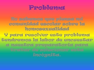 ProblemaNo sabemos que piensa mi comunidad escolar sobre la homosexualidadY para resolver este problema tendremos la labor de encuestar  a nuestra preparatoria para tratar de solucionar esta incógnita.