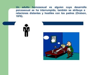 Un adulto homosexual es alguien cuyo desarrollo psicosexual se ha interrumpido, también se atribuye a  relaciones distantes y hostiles con los padres (Oraison, 1976). 