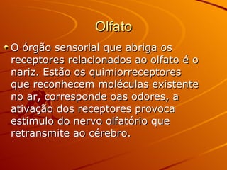 Olfato O órgão sensorial que abriga os receptores relacionados ao olfato é o nariz. Estão os quimiorreceptores que reconhecem moléculas existente no ar, corresponde oas odores, a ativação dos receptores provoca estimulo do nervo olfatório que retransmite ao cérebro.  