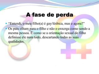 A fase de perda
 “Entendi, o meu filho(a) é gay/lésbica, mas e agora?”
 Os pais olham para o filho e não o enxerga como sendo a
  mesma pessoa. É como se a orientação sexual do filho
  definisse ele num todo, descartando todas as suas
  qualidades.
 