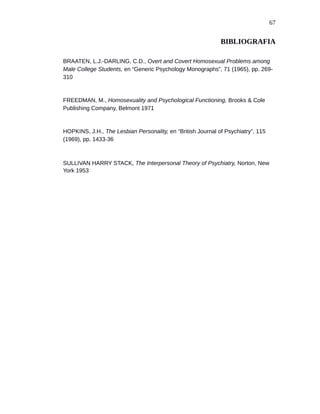 67
BIBLIOGRAFIA
BRAATEN, L.J.-DARLING, C.D., Overt and Covert Homosexual Problems among
Male College Students, en “Generic Psychology Monographs”, 71 (1965), pp. 269-
310
FREEDMAN, M., Homosexuality and Psychological Functioning, Brooks & Cole
Publishing Company, Belmont 1971
HOPKINS, J.H., The Lesbian Personality, en “British Journal of Psychiatry”, 115
(1969), pp. 1433-36
SULLIVAN HARRY STACK, The Interpersonal Theory of Psychiatry, Norton, New
York 1953
 