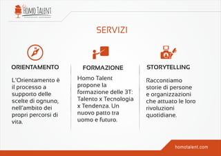 ORIENTAMENTO FORMAZIONE STORYTELLING
L’Orientamento è
il processo a
supporto delle
scelte di ognuno,
nell’ambito dei
propri percorsi di
vita.
Homo Talent
propone la
formazione delle 3T:
Talento x Tecnologia
x Tendenza. Un
nuovo patto tra
uomo e futuro.
Raccontiamo
storie di persone
e organizzazioni
che attuato le loro
rivoluzioni
quotidiane.
 