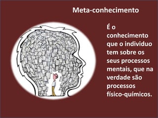 Meta-conhecimento
É o
conhecimento
que o individuo
tem sobre os
seus processos
mentais, que na
verdade são
processos
físico-químicos.
 