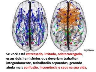Se você está estressado, irritado, sobrecarregado,
esses dois hemisférios que deveriam trabalhar
integradamente, trabalharão separados, gerando
ainda mais confusão, incoerência e caos na sua vida.
 