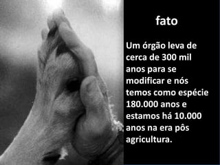 fato
Um órgão leva de
cerca de 300 mil
anos para se
modificar e nós
temos como espécie
180.000 anos e
estamos há 10.000
anos na era pôs
agricultura.
 