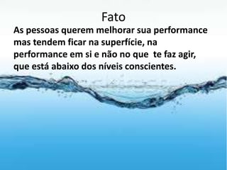Fato
As pessoas querem melhorar sua performance
mas tendem ficar na superfície, na
performance em si e não no que te faz agir,
que está abaixo dos níveis conscientes.
 
