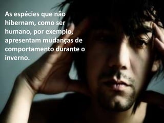 As espécies que não
hibernam, como ser
humano, por exemplo,
apresentam mudanças de
comportamento durante o
inverno.
 