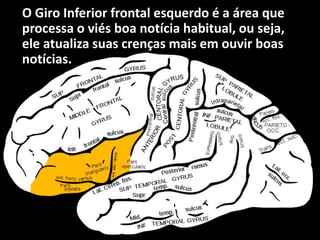O Giro Inferior frontal esquerdo é a área que
processa o viés boa notícia habitual, ou seja,
ele atualiza suas crenças mais em ouvir boas
notícias.
 