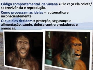 Código comportamental da Savana = Ele caça ela coleta/
sobrevivência e reprodução.
Como processam as ideias = automática e
inconscientemente
O que eles decidem = proteção, segurança e
alimentação, saúde, defesa contra predadores e
ameaças.
 