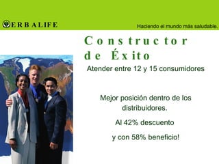 Constructor de Éxito Atender entre 12 y 15 consumidores Mejor posición dentro de los distribuidores.  Al 42% descuento  y con 58% beneficio! 