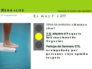 Es muy fácil !!! IV .- El siguiente Paso Utilice los productos,  siéntase vivo! NO  adquiera el  Paquete Internacional de Negocios Participe del Seminario STS,  acompañado por personas cuya opinión respete 
