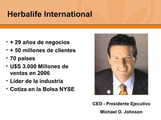 Herbalife International + 29 años de negocios + 50 millones de clientes 70 países U$S 3.000 Millones de ventas en 2006 Líder de la industria Cotiza en la Bolsa NYSE CEO - Presidente Ejecutivo Michael O. Johnson 